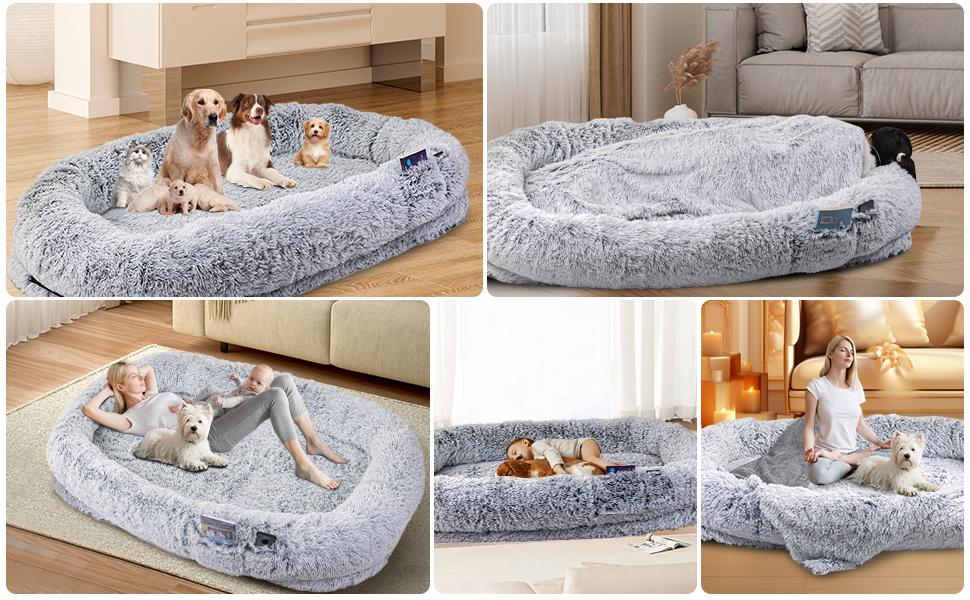 Human Dog Bed, Fits You & Pets, Washable Faux Fur, Orthopedic, Plump Pillow, Blanket, Strap