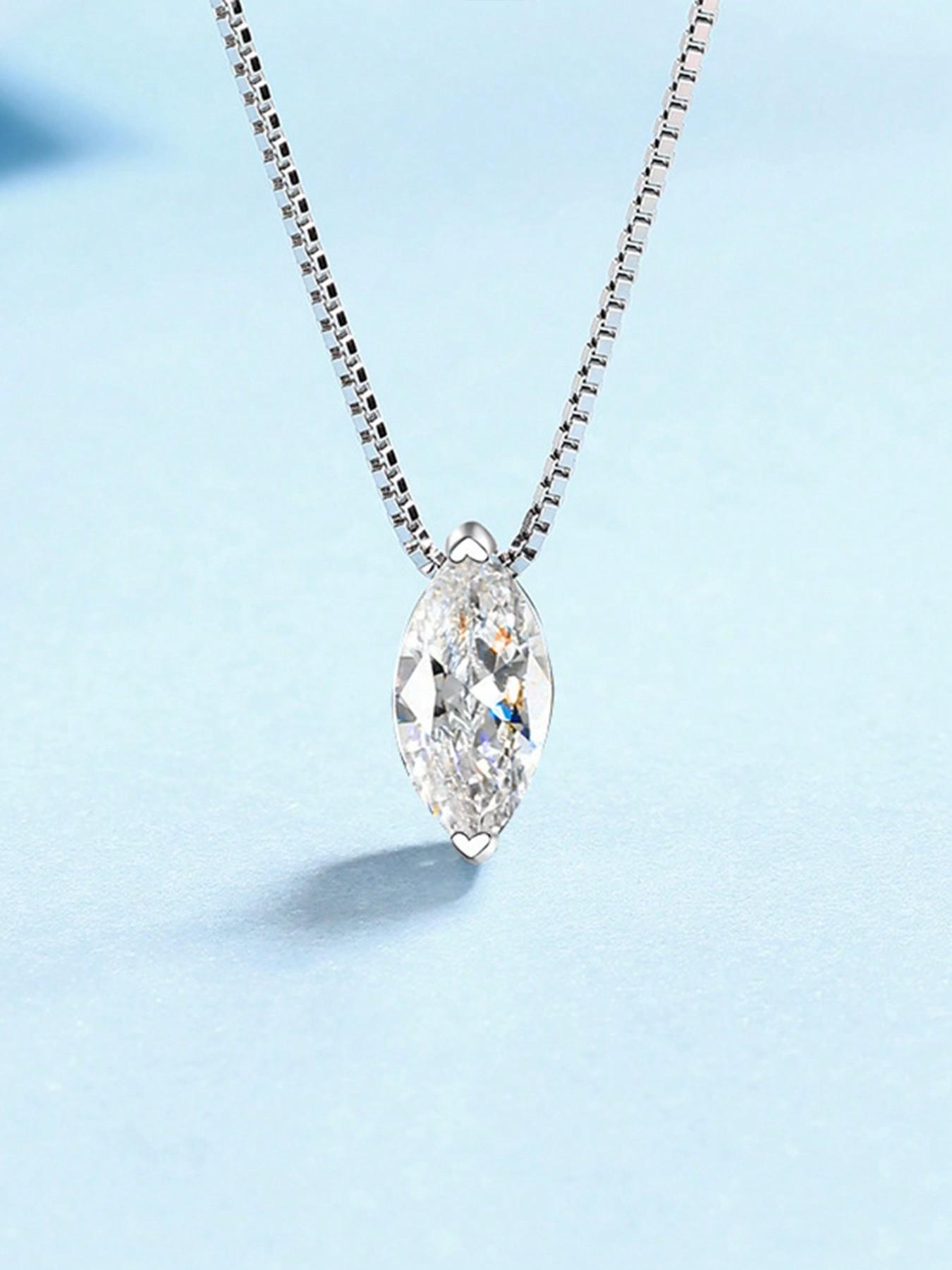 925 Silver 1 Carat Moissanite Drop Necklace, Elegant Lockbone Chain for Daily Wear, Versatile Horse Eye Moissanite Pendant