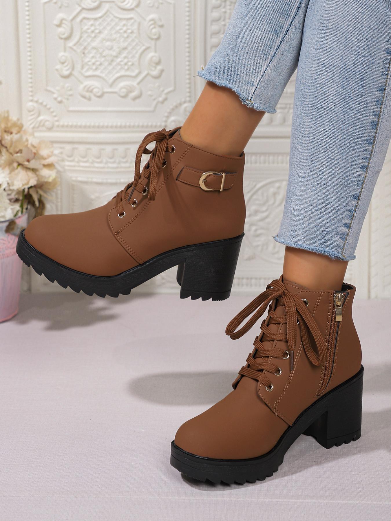 Women's Chunky Heel Thick Sole Ankle Boots, Side Zipper Lace-Up High Heel Boots, Fall Winter Casual Fashion Shoes Women's Chunky Heel Thick Sole Ankle Boots, Side Zipper Lace-Up High Heel Boots, Fall Winter Casual Fashion Shoes