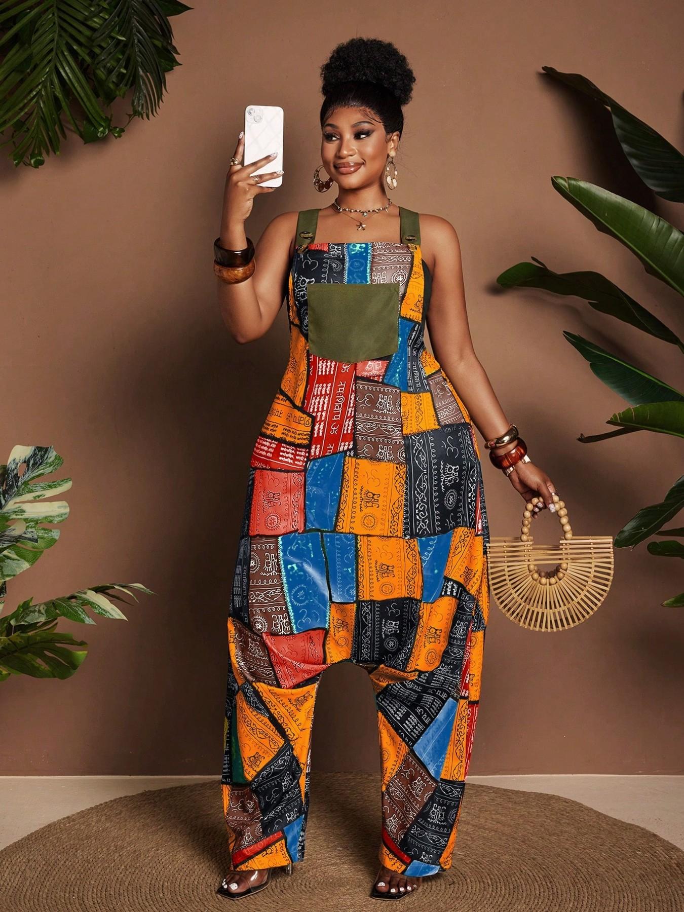 Women's Patch Printed Jumpsuit, Loose Wide Leg Workwear, Bohemian Fashion Style, Ideal for Vacations, Beach Trips, Music Festivals