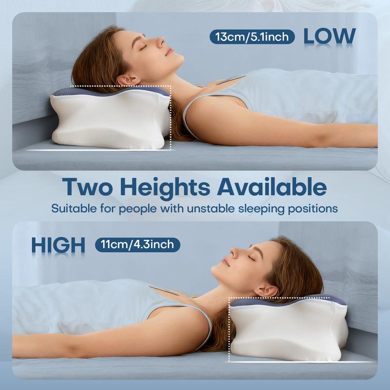 Gray butterfly-shaped neck pillow, ergonomic memory foam pillow, breathable and washable silk pillowcase, suitable for side, back and stomach sleepers, with a storage bag for easy portability, perfect for camping, travel, RV and dorm rooms