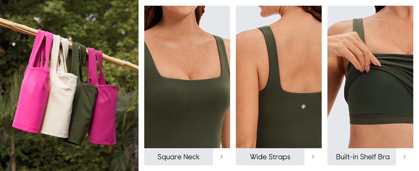 CRZ YOGA Butterluxe Womens Square Neck Longline Sports Bra - Workout Crop Tank Tops Padded with Built in Shelf Yoga Bra