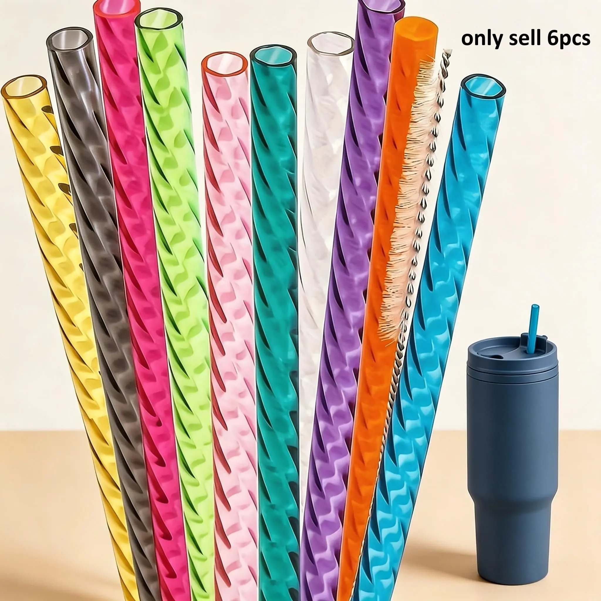 Reusable 12 Inch Plastic Drinking Straws with Cleaning Brush, 6 Pack