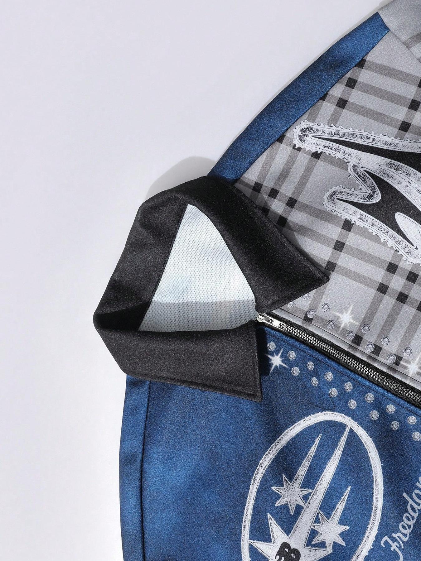 Men's Patchwork Flame Plaid Jacket, Streetwear Trendy Outerwear, Unique Sparkle Design, Ideal for Street Style, Outdoor, Daily Wear