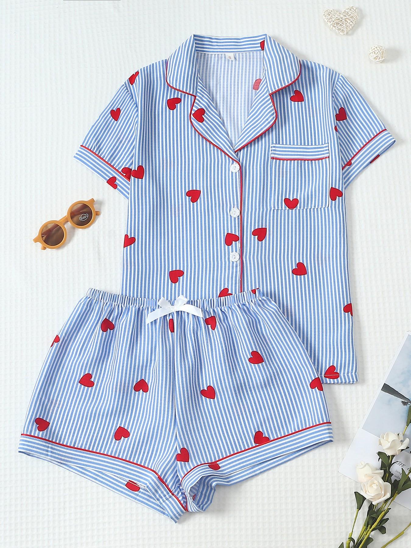 Heart Stripe Printed Women's Pajama Set, Feminine Cute Loungewear Nightwear, Sweet Collar Short Sleeve Top with Pocket, Bow Shorts, Casual Home Wear