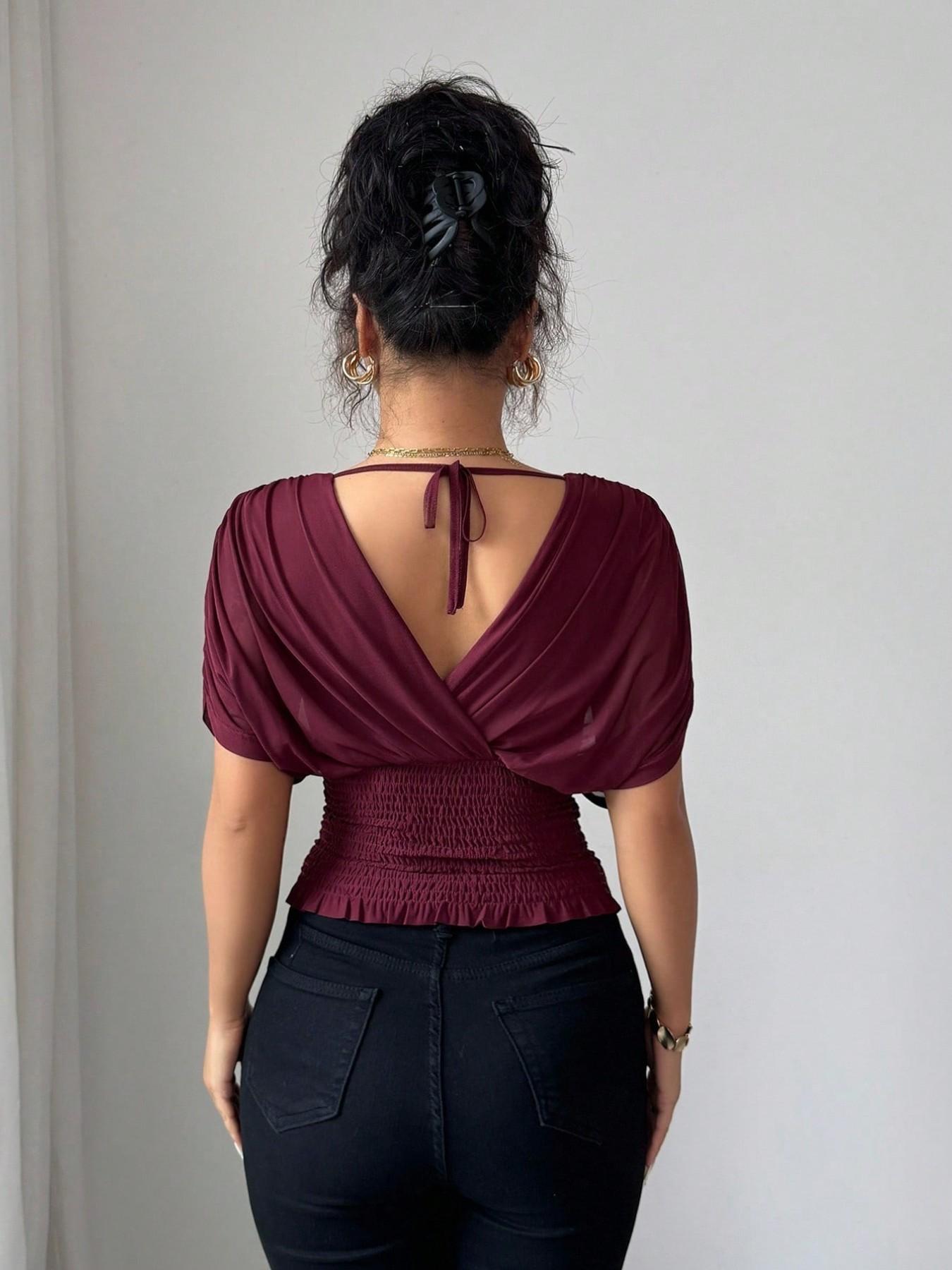 Women's V Neck Ruched Slim Fit Solid Color Blouse, Summer Short Sleeve Fitted Top, Casual Fashion Shirt for Women, Womenswear