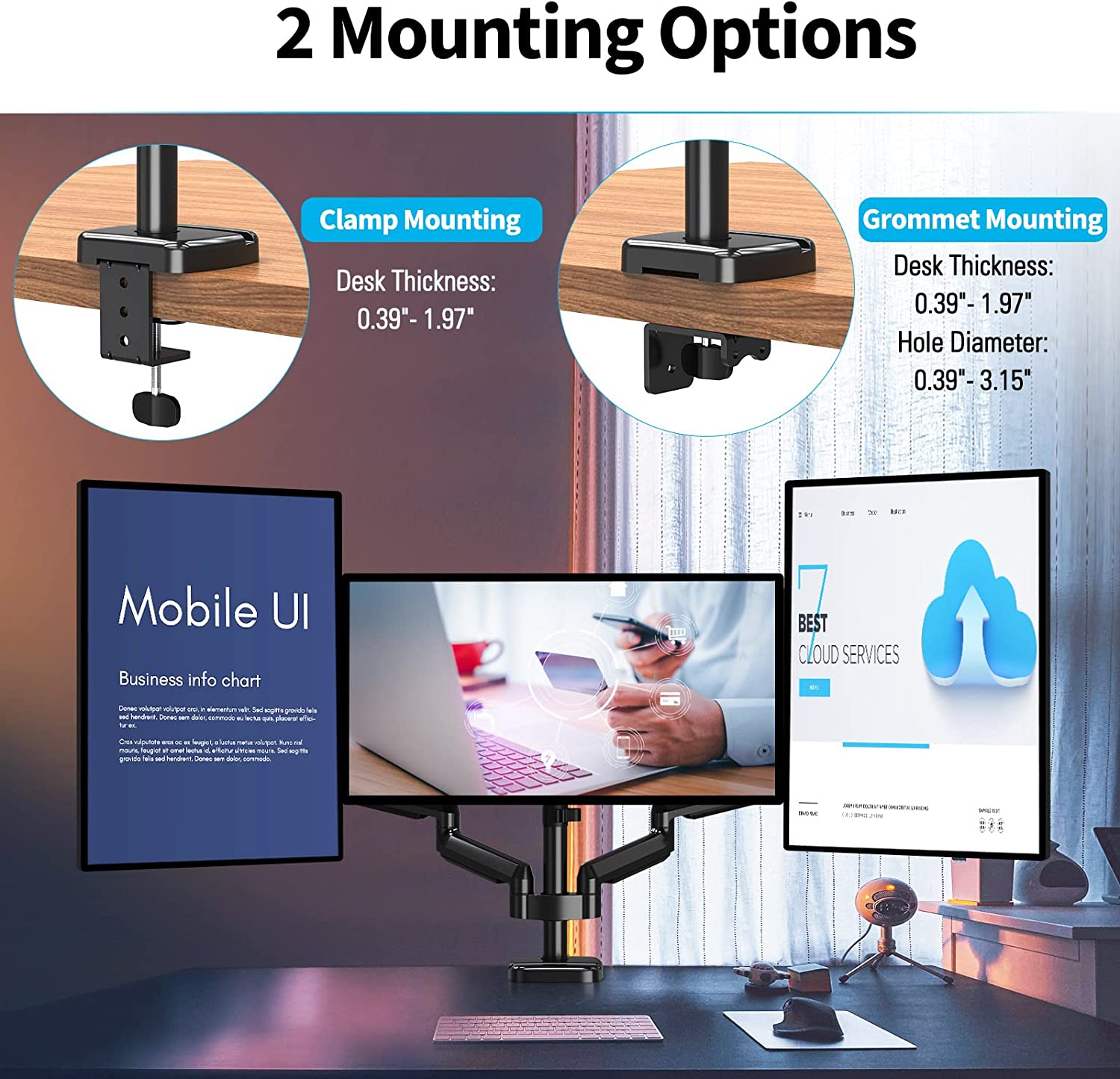 MOUNTUP 13"-27'' Triple Monitor Arm Gas Spring Desk Mount, Clamp&Grommet Desk Mount, MU0006A