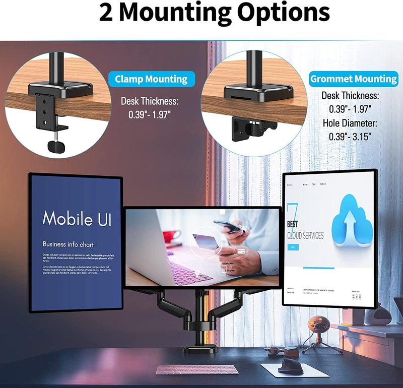 MOUNTUP 13"-27'' Triple Monitor Arm Gas Spring Desk Mount, Clamp&Grommet Desk Mount, MU0006A