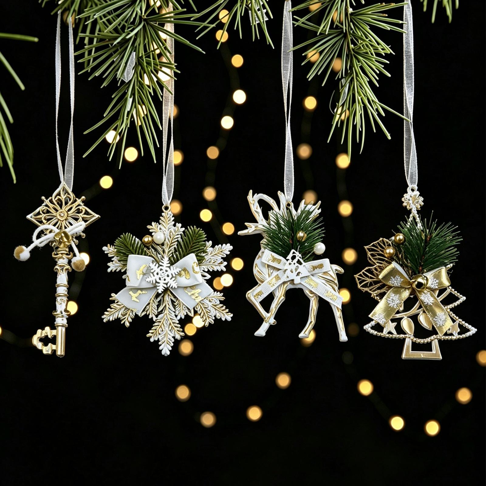 1Pc Christmas Ornaments, White & Gold Vintage Plastic Hanging Decorations, Snowflake Reindeer Key Christmas Tree Pendants, Suitable for Christmas Tree Decor, Holiday Decor, Window & Home Festival Atmosphere Decor