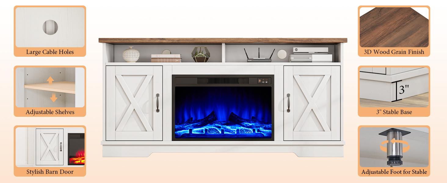 AMERLIFE 5-Piece Farmhouse Table Set Include 63" TV Stand with 26" Fireplace, 40" Coffee Table, 2 End Tables with Charging Station & USB Ports, Living Room Table Sets with Barn Door, Rustic Oak&White