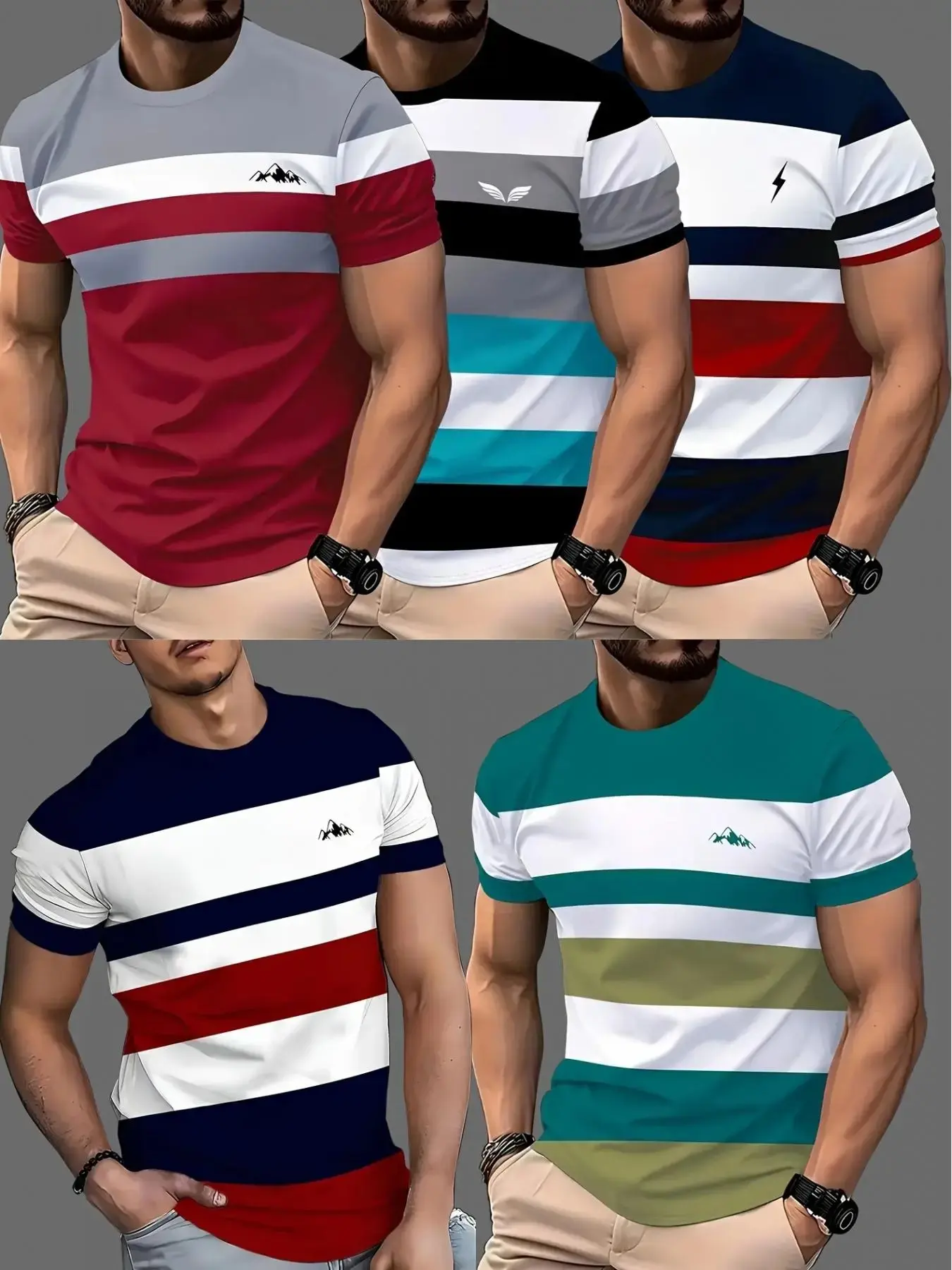 5-Pack Men's Round Neck Short Sleeve T-Shirts, Colorblock Horizontal Stripes, Mountain Lightning Wing Print, Casual Streetwear
