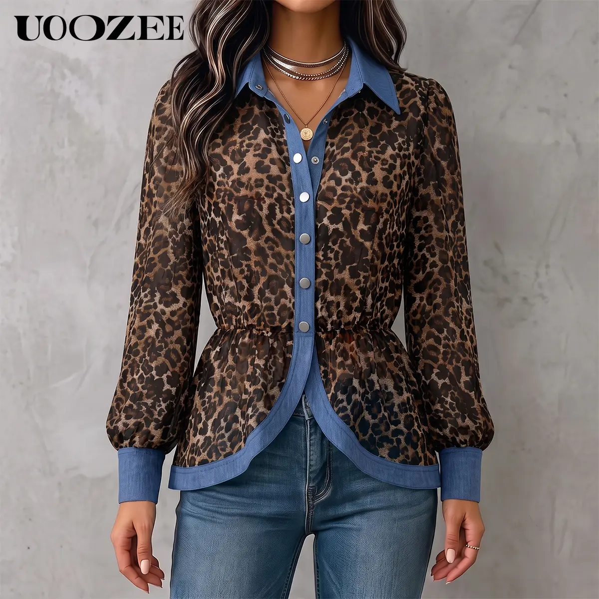 UOOZEE Women's Sheer Animal Print Peplum Blouse, Lightweight Casual Collared Top with Denim Trim and Feminine Long Balloon Sleeves