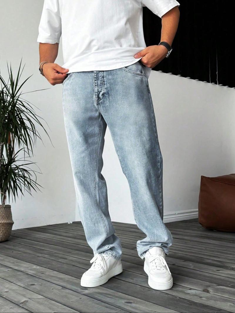 Men's Loose Straight Leg Jeans, New Trendy Street Style Casual Pants, Fashion Versatile Denim Trousers for Men, Denim Clothing