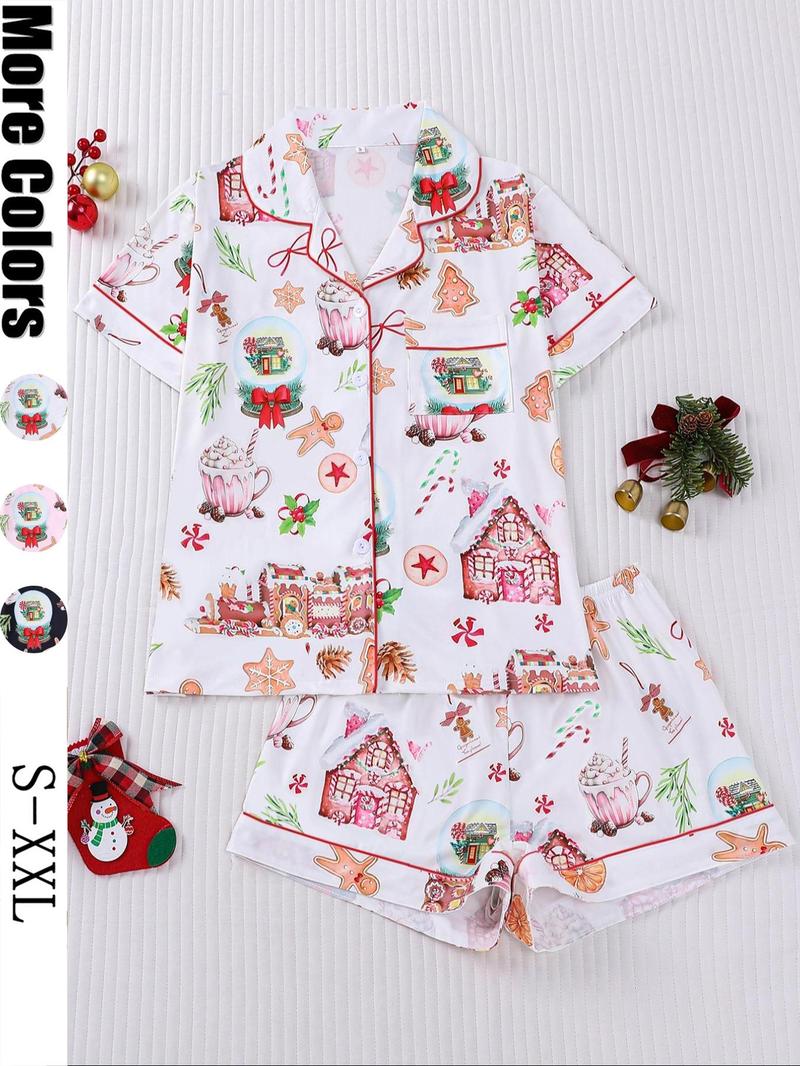 【Christmas Pyjamas】Women's Set, Watercolor Gingerbread Print, Short Sleeve Button Front Top & Elastic Shorts, Casual Home Wear, Loungewear