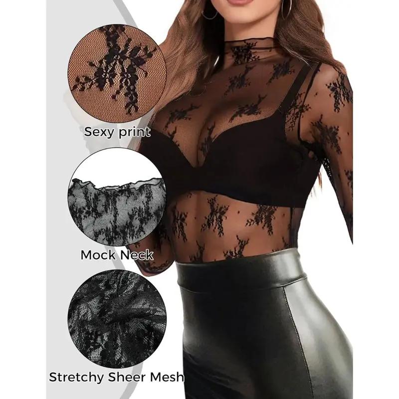 Women's 3-Pack Comfortable Lightweight Sheer Floral Embroidered Lace Long Sleeve Mock Neck Blouse Outfits, Black+White+Coffee, Polyester Edit Style Layering Lace Top for Camping & Outdoor Activities