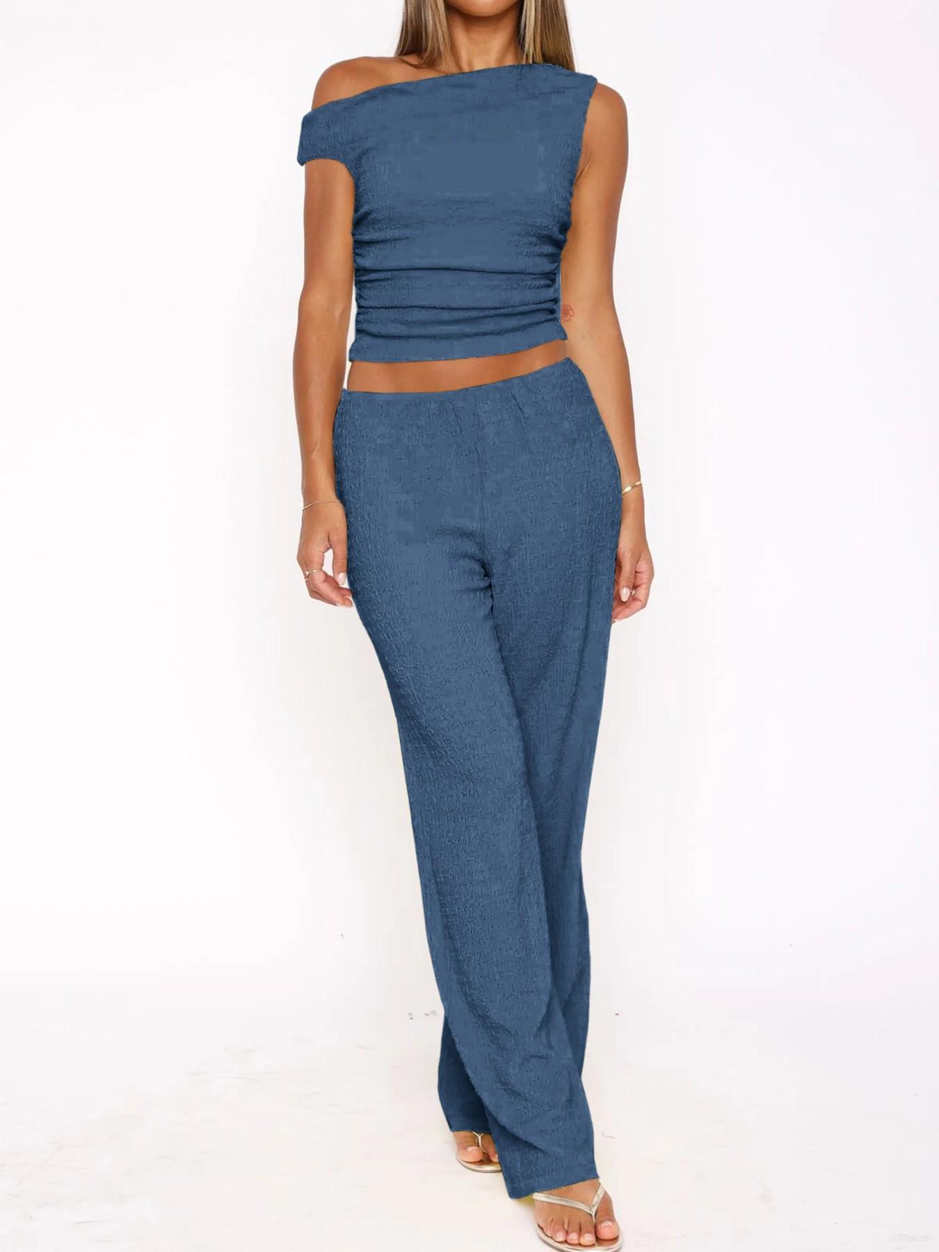 Women's High-Waisted Loose-Fitting Two-Piece Set, Casual Plain Design, Regular Fit Long Pants & Top Combo, Daily Wear