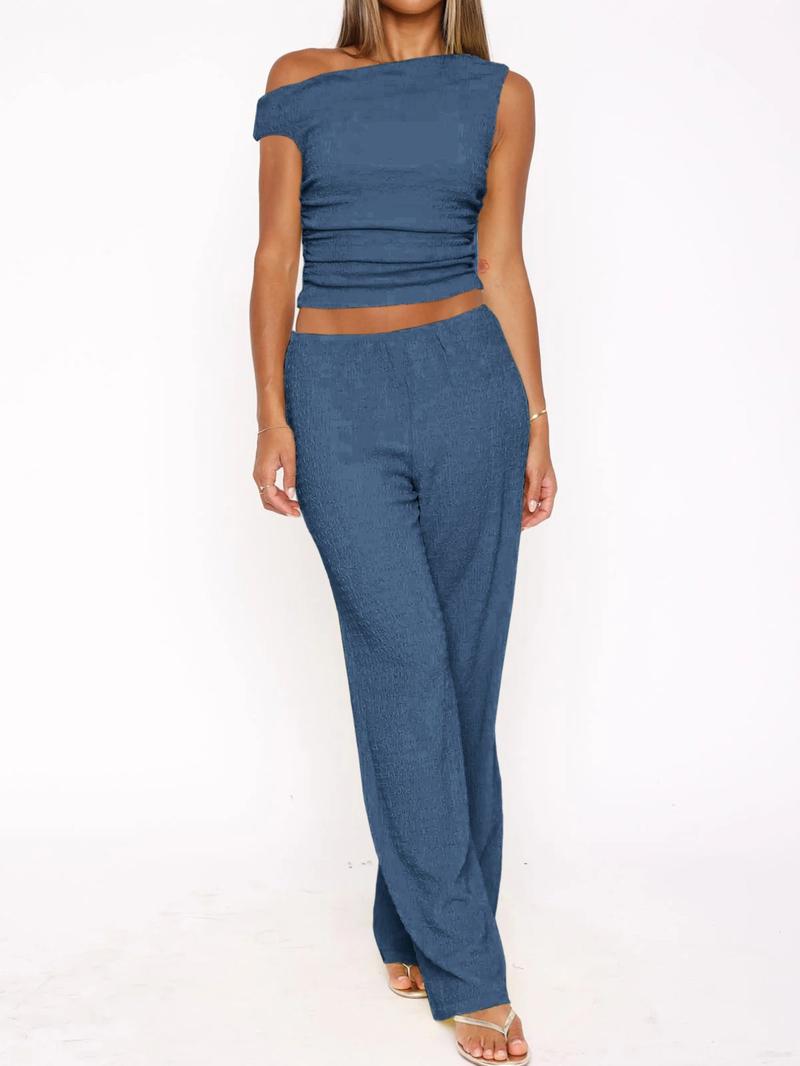 Women's High-Waisted Loose-Fitting Two-Piece Set, Casual Plain Design, Regular Fit Long Pants & Top Combo, Daily Wear