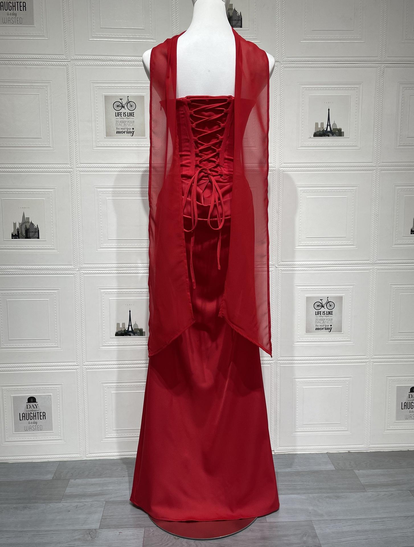 2026 European and American new style solid color waist-cinching sexy strapless bodycon long dress satin tie-back dress with ribbons