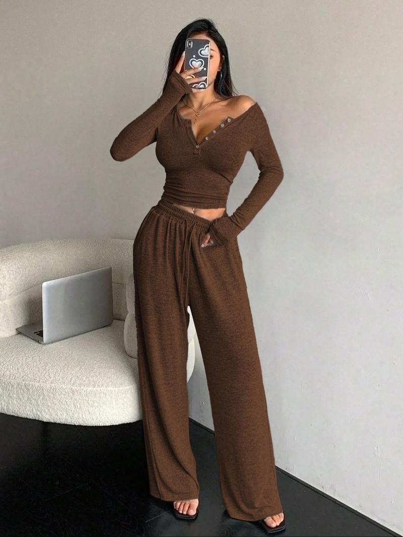 Women's Casual Fall Winter co ord set, Soft Elastic Fabric, Fashionable Two-Piece Sleepwear, Indoor Outdoor Wear, Comfortable Home Clothes