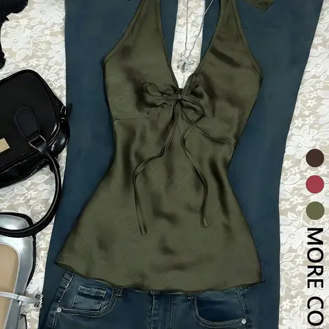 1PC Women Halter Neck Top, Crinkled Satin Fabric Deep V-neck Front Self-Tie Back Halter Tie Waist Self-Tie Belt Curved Hem, Breathable Lightweight Smooth Drapey Skin-friendly for Daily Casual Date Night Vacation Party, Elegant Minimalist Chic Halter Tank