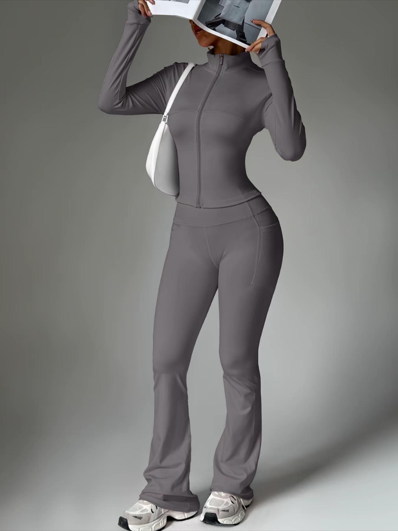 Women's Solid Color Zipper Jacket & Pocket Flare Pants Set, Athleisure Wear Set, Perfect for Yoga & Gym & Outdoor Use, Comfortable Breathable Outfit for Autumn Winter