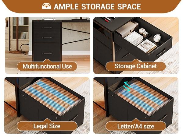 Sikaic 64.5 inches Reversible L Shaped Desk with Storage Shelves U Shaped Gaming Desk with 3 Drawers Power Outlet & LED Strip Cabinet Swivel Organizer Organization Adjustable