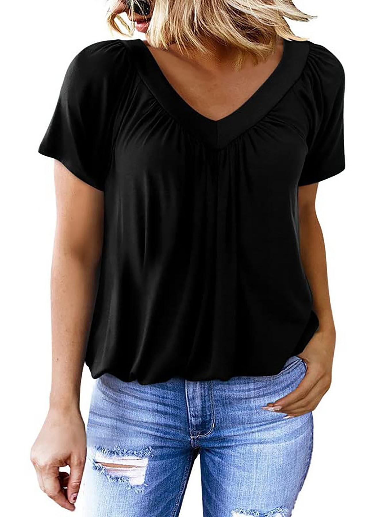 Women's Short Sleeve Casual Tops, Dressy V Neck T-Shirts, Loose Fit Summer Pleated Blouses, Comfortable and Stylish Clothing
