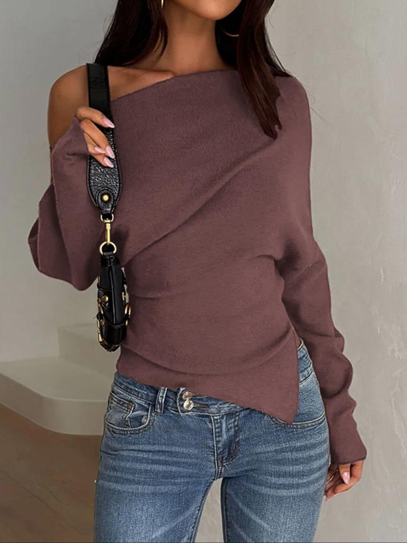 Women's Casual Fashion Asymmetrical Neckline Long-Sleeve Sweater, Slim-Fit Thin Knit Top for Fall, Plain Design Knitwear
