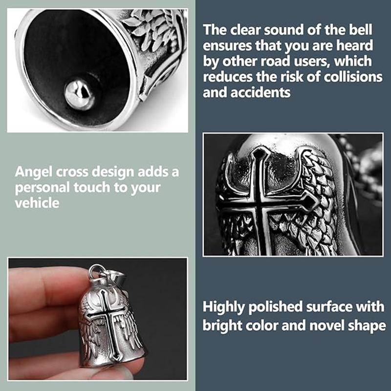 Punk Retro Men's Motorcycle Style Angel Necklace, Bell Drop Cross Pendant, Feather Wings Design, Vintage Fashion Jewelry