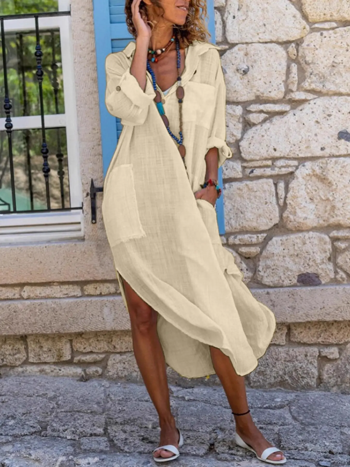 Women Collared Shirt Midi Dress, Roll-Up Long Sleeve, Patch Pockets, Raw Hem Slit, Oversized Loose, Irregular Hem, Bohemian Style