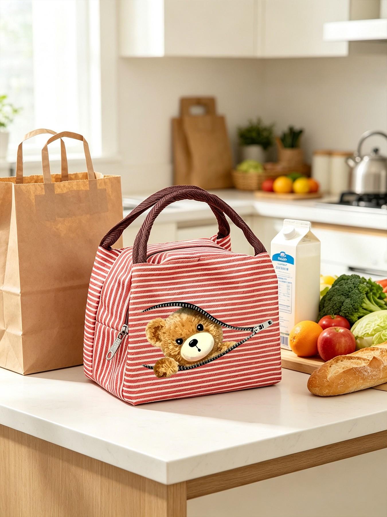 Creative Zipper Bear Lunch Bag, Insulated Meal Pouch, Thick Striped Handle, Large Capacity, Outdoor Picnic, Insulated Lunch Tote, Multiple Colors Available