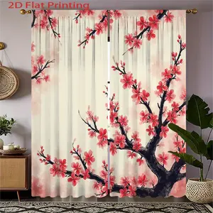 2pcs Chinese Floral Curtains - Semi-Sheer Window Drapes with Red Plum Branches