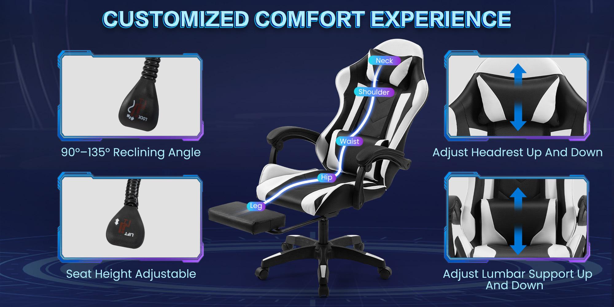Adjustable PVC Office Chair, 360° Swivel & 90°-135° Recline, Ergonomic Height Adjustable Desk Chair for Home Office, Red/Blue/Black/White