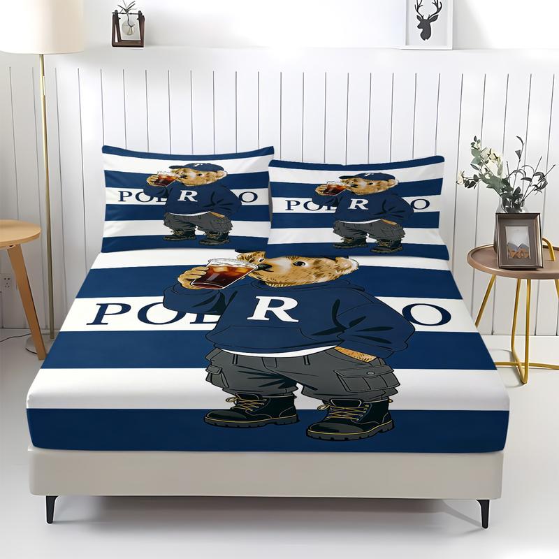 Teddy bear printed pattern bed sheet, comfortable printed pattern, including 1 bed sheet and 2 pillowcases, comfortable bedding, anti slip dust cover suitable for bedrooms and guest rooms, suitable for adult gifts
