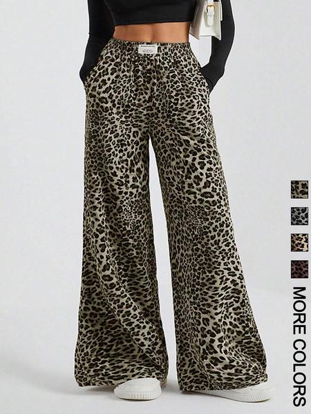 Valentine's Day Women's Leopard Print Wide Leg Pants, Casual Comfy Trousers for Daily Wear, Ladies Bottoms for Summer