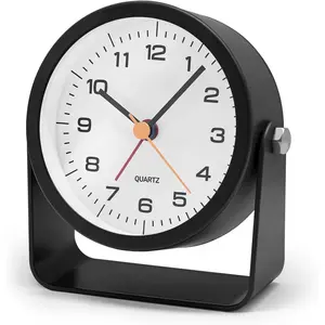 3.5 Inch Small Desk  Clock,  Operated Analog Silent Clock with Night Light, Retro  Metal Bedside Clock for Bedroom, Office, Bathroom, Dorm, Shelf, Table - Black
