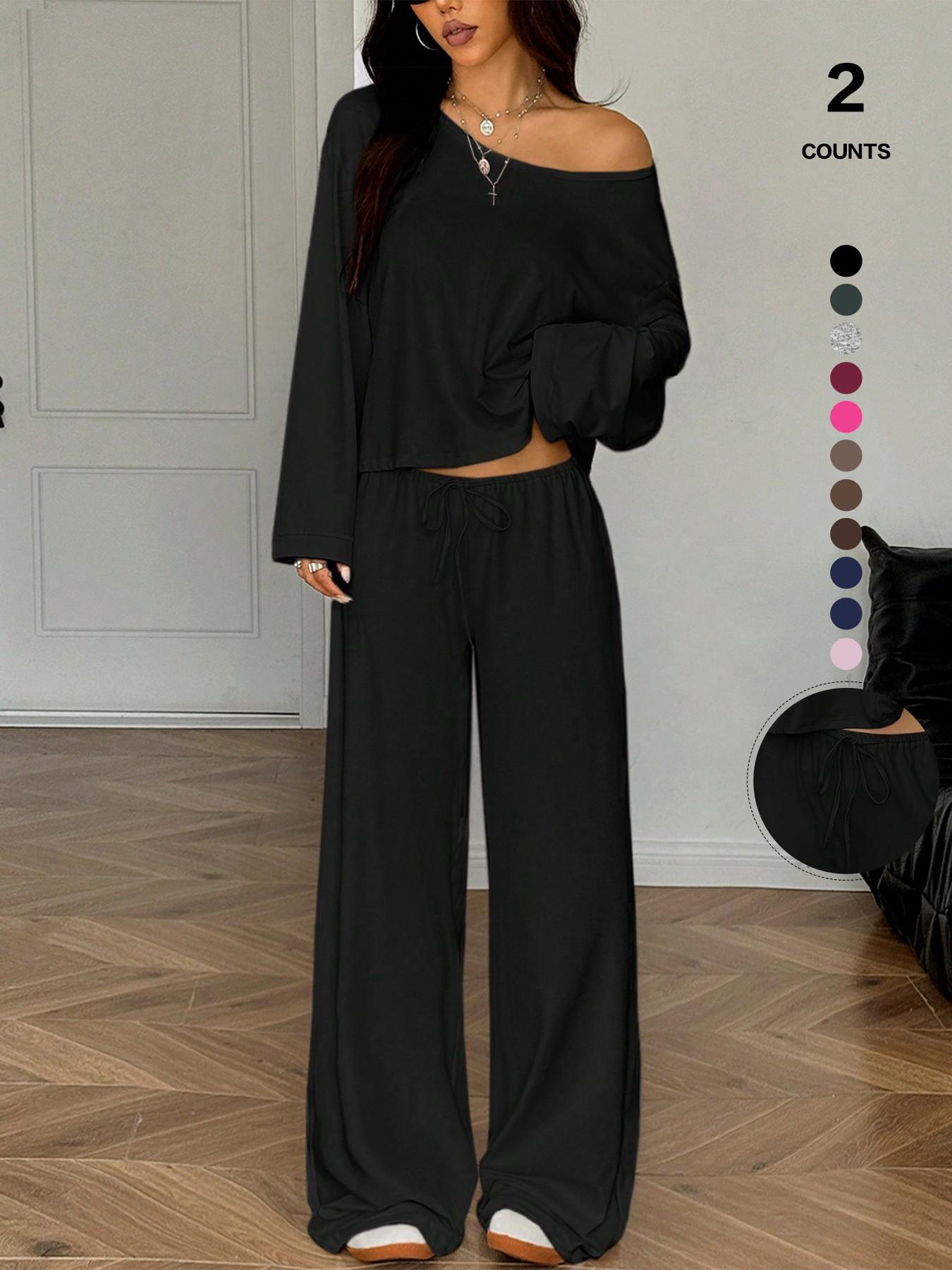 French Minimal Chic Cold Shoulder Cutout Two Piece Set, Summer Casual Loose Cropped Top & High Waist Adjustable Drawstring Trousers, Figure-Flattering Loungewear