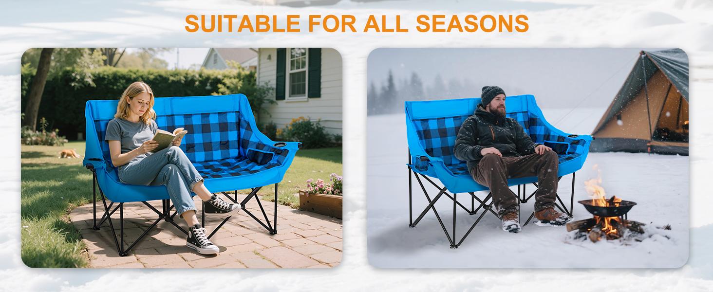 Lilypelle Oversized Heated Double Camping Chair Folding Camping Loveseat 2 Person Padded Camping Couch Heavy Duty Lawn Chairs for Outside Camping, Lounge Patio