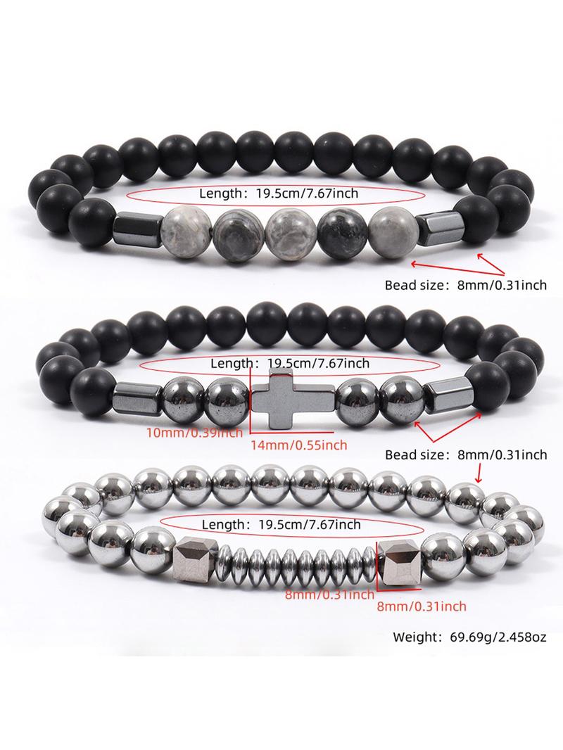 Men's Street Trend Beaded & Cross Charm Bracelets, 3pcs/set Trendy Minimalist Matching Bracelets, Chic Hip Hop Vintage Jewelry As Gift for Boyfriend, Stackable Bracelets