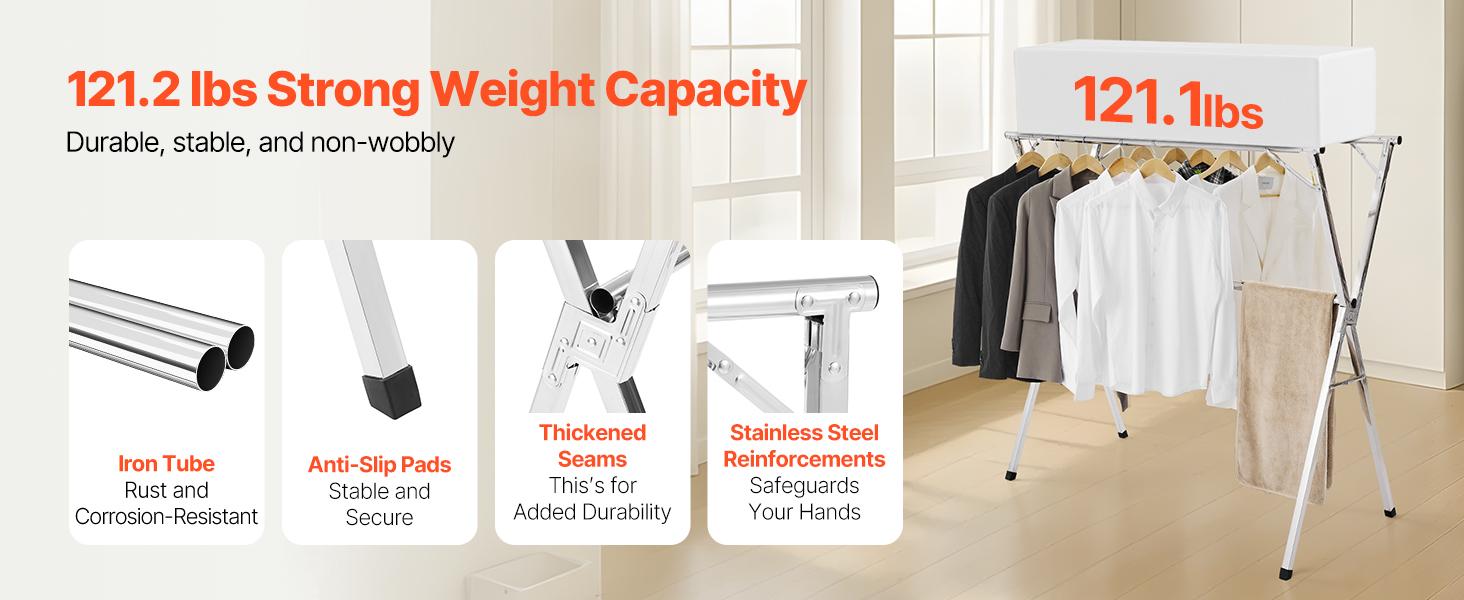 VEVOR Clothes Drying Rack, 2-Tier Telescopic Laundry Dryer Rack, Stainless Steel Drying Racks with 30 Windproof Holes and 2 Shoe Hooks, Free-Standing and Portable Hanger for Outdoor Indoor Use