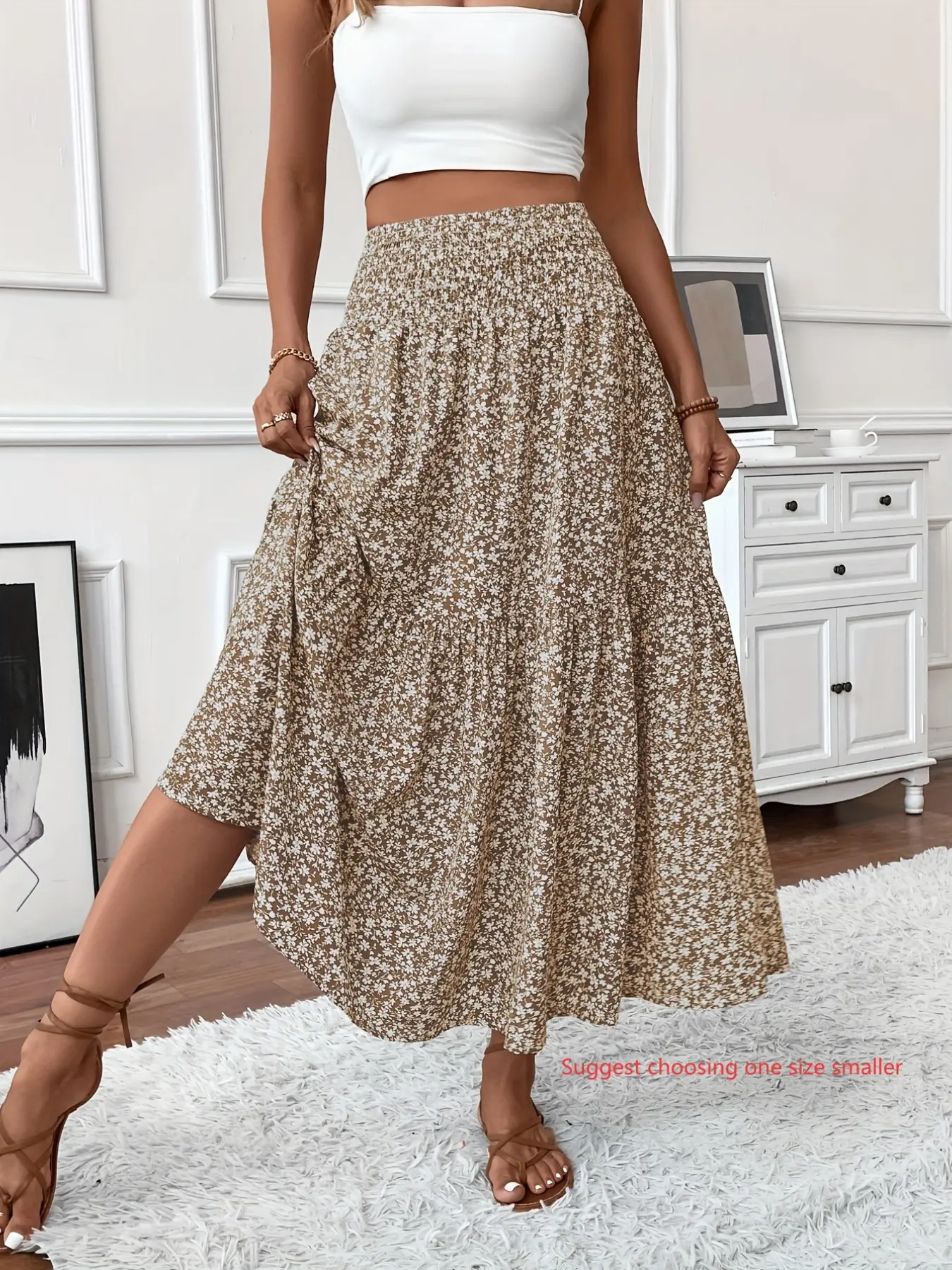 Women's Ditsy Floral Long Skirt, Casual Fitted A-Line Design, Elastic Waist with Pockets, Fall & Winter Wear, Plain Surface Style