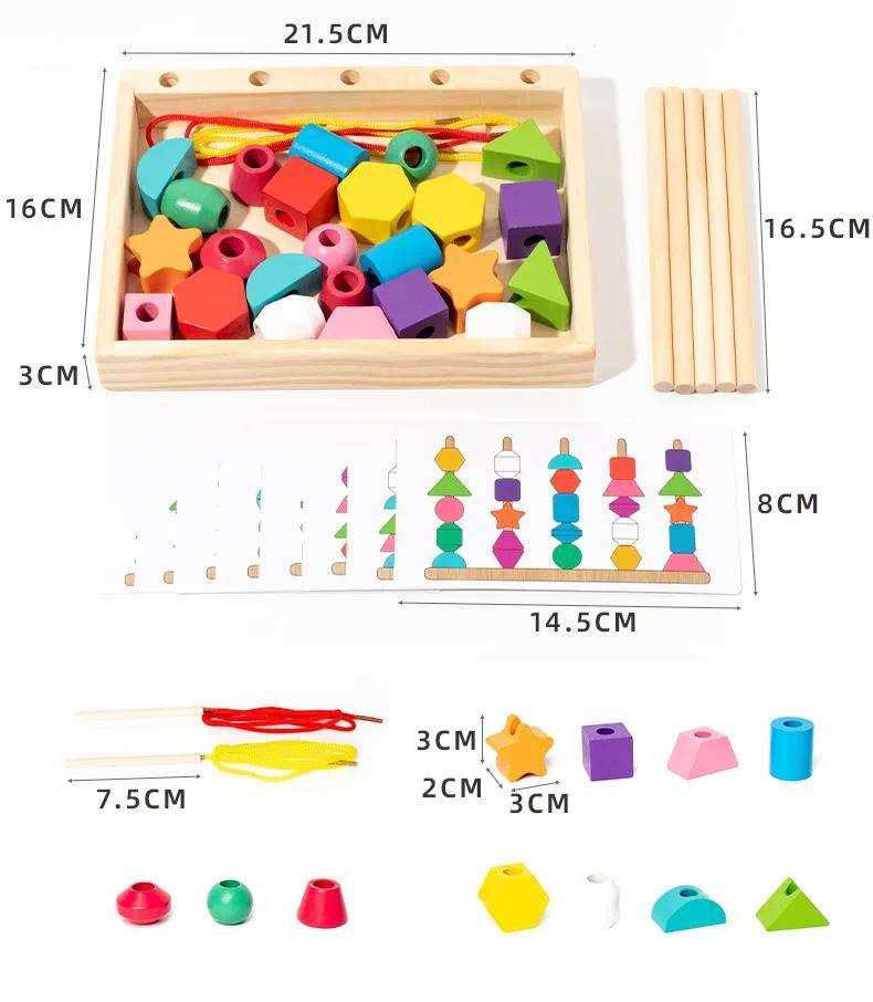 5-in-1 Montessori Wooden Toys Color Shape Cognition Blocks Matching Sorting Game Beaded Early Educational Toys Gift for Children