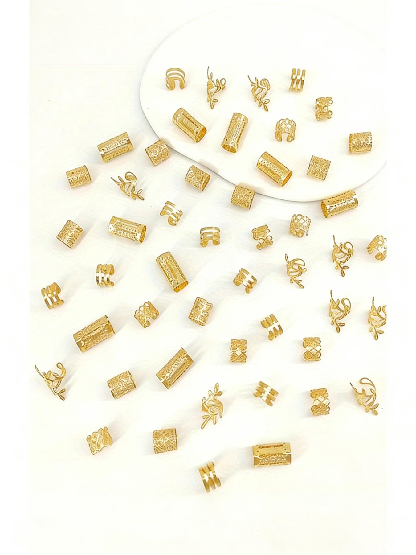 50 Pcs Boho Style Hair Rings Set, Vintage Alloy Hair Bands, Hollow Round Women's Headwear, Elegant Solid Color Braided Hair Accessories