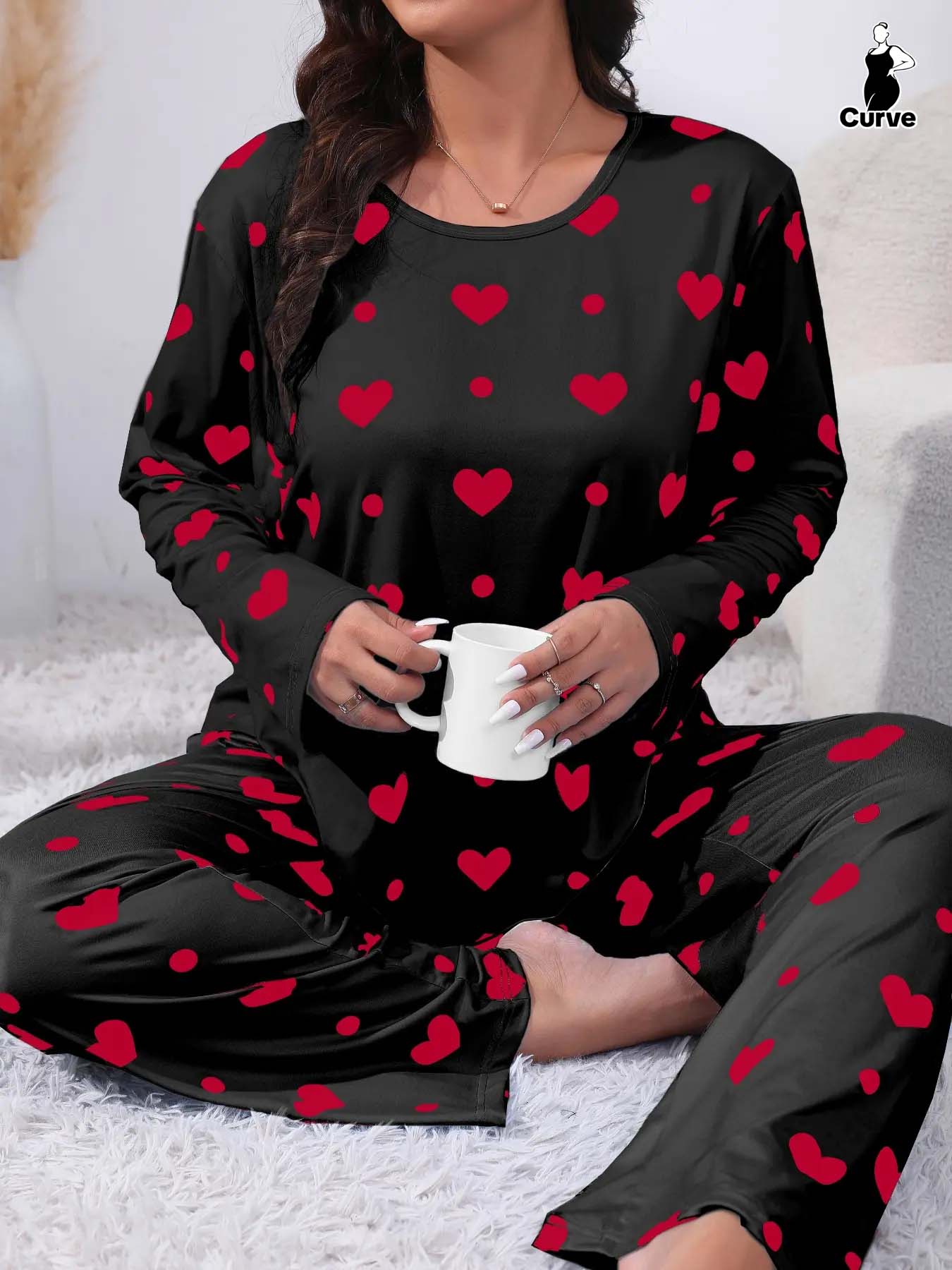 Plus Size Heart Print Drop Shoulder Pyjama Set, Casual Comfy Long Sleeve Round Neck Top & Trousers PJ Set, Pajamas, Summer Outfits 2024, Women's Sleepwear for Spring & Fall