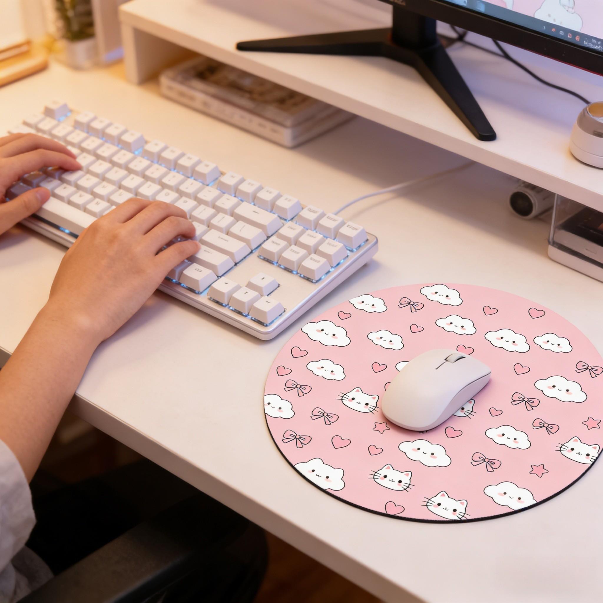 Fashion Cloud Round Mouse Pad, Anti-Slip Rubber Base, Gaming Mouse Pad, Office Desk Mat, Gift for Girls and Women, 7.87 Inches