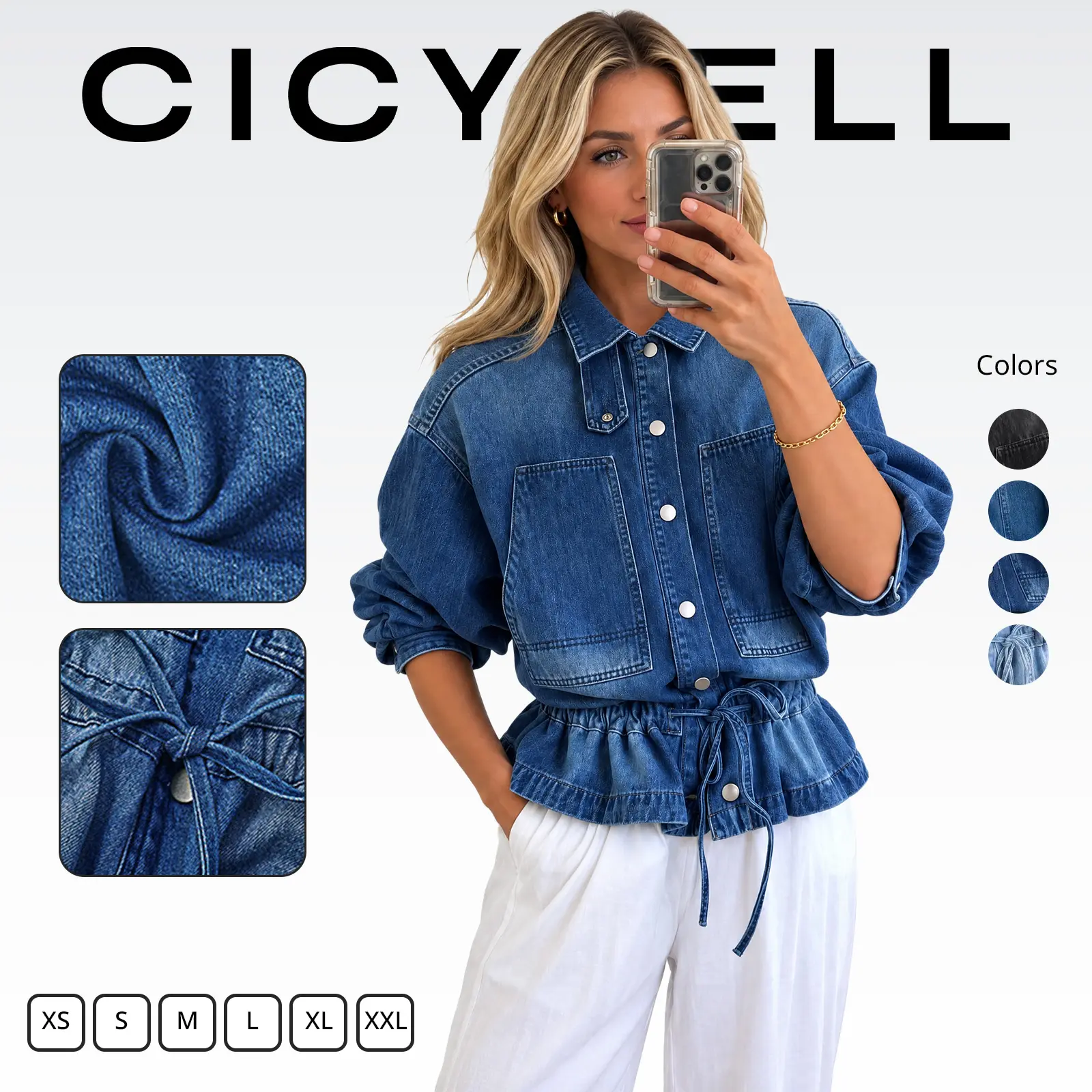 Cicy Bell Women's Drawstring Jean Jacket Button Down Collared Denim Shacket