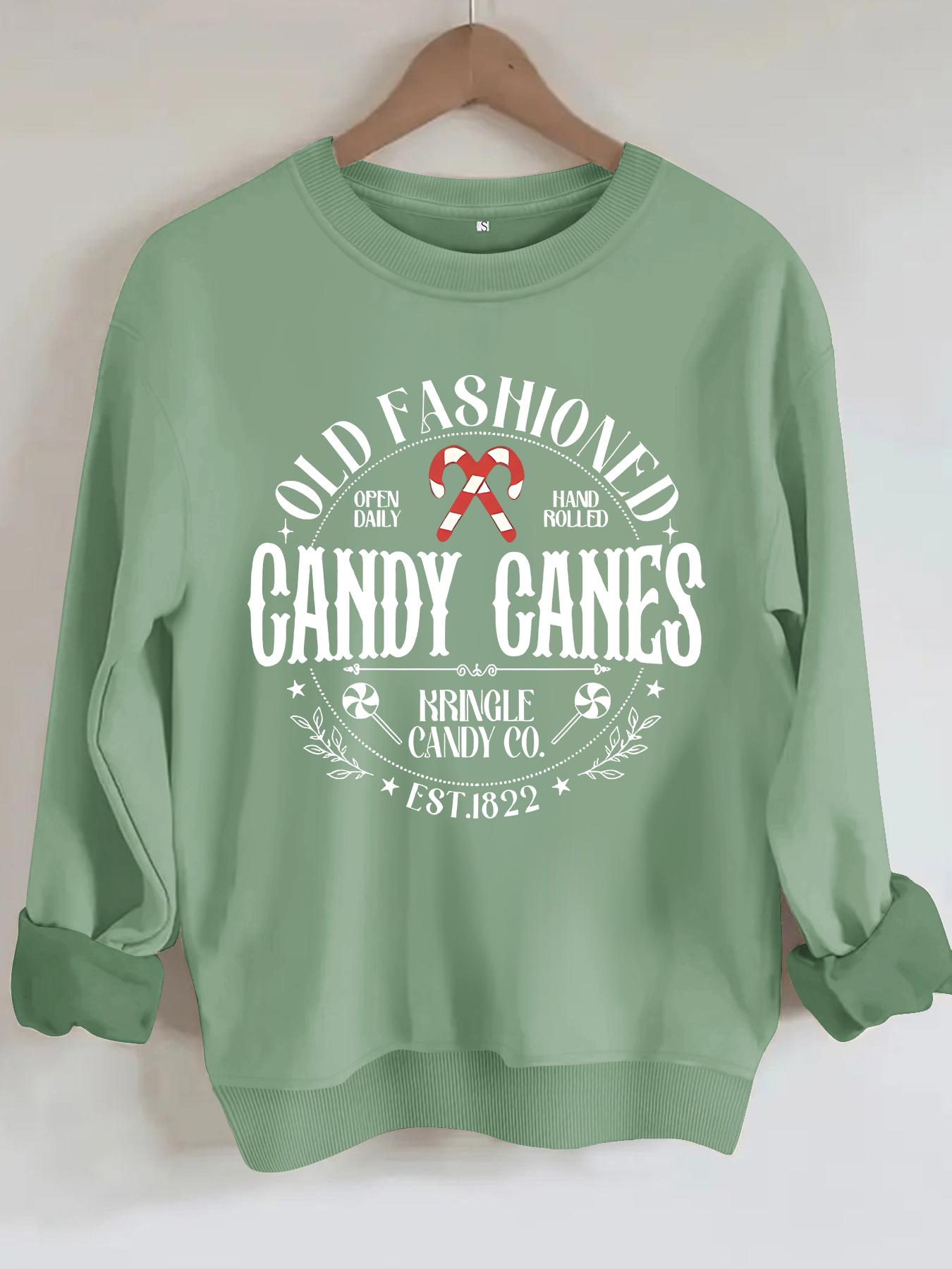Women's Casual Candy Canes Pattern Hoodie, Soft Long Sleeve Round Neck Christmas Sweatshirt, All-Season Comfort