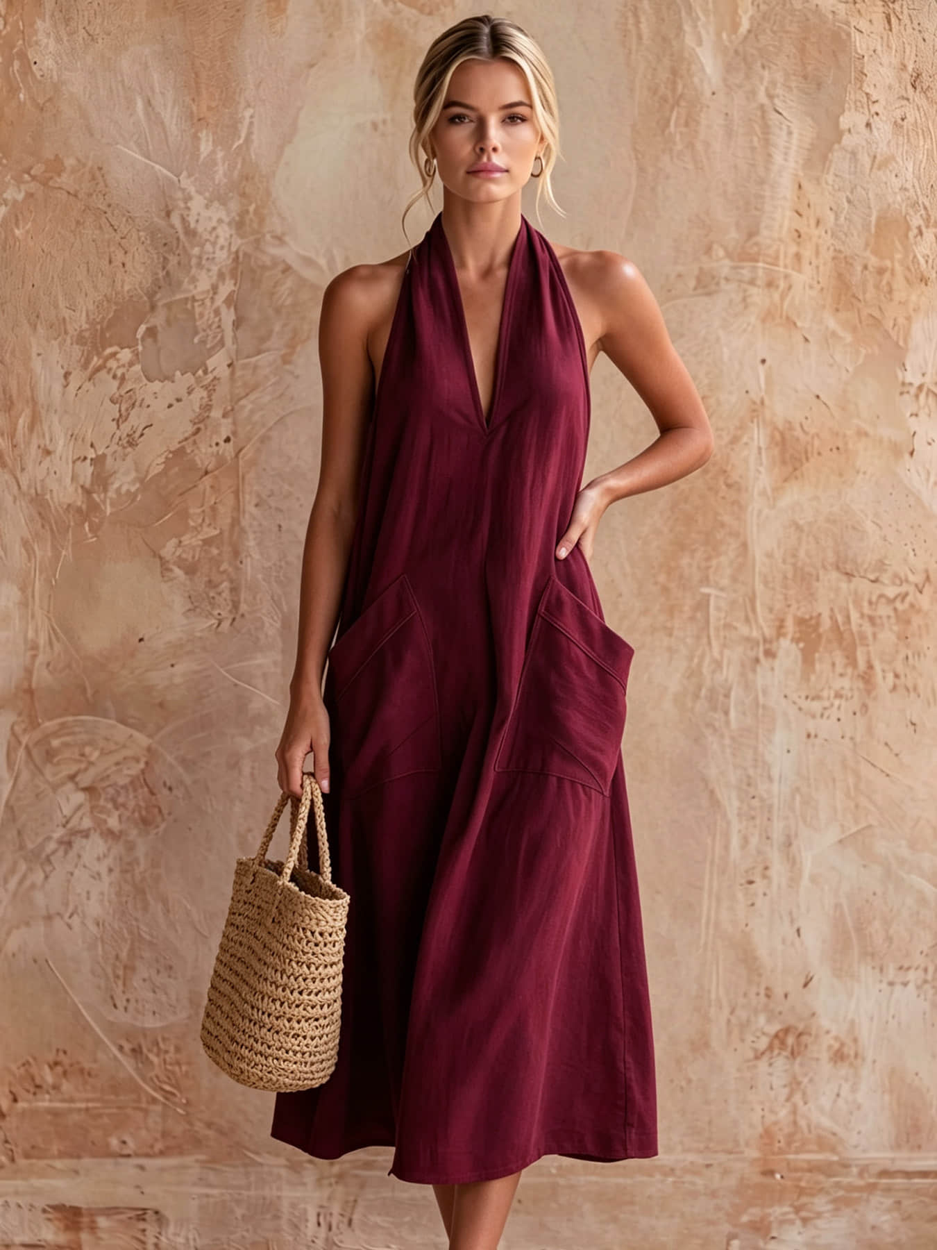 A fashionable women's neck hanging V-neck dress, summer Minimalist Casual loose sleeveless mid length lazy vacation long dress beach party dress suitable for beach vacation, coffee shop relaxation, afternoon tea, daily commuting, light office banquet