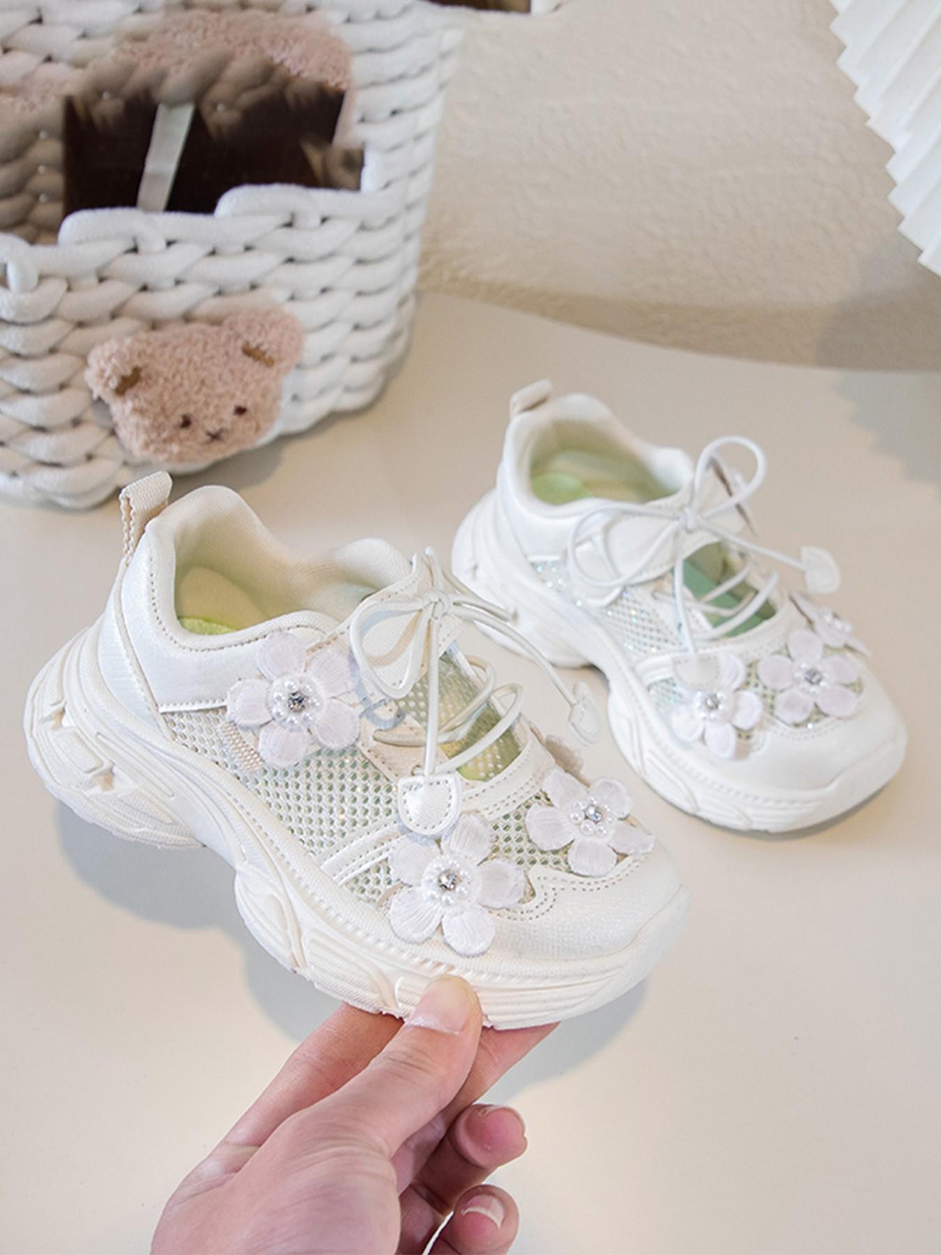 Girls' Floral Mesh Running Shoes, Breathable Anti-Slip Thick Sole, Cute Princess Style, Ages 2-12, Comfortable Kids Sports Shoes