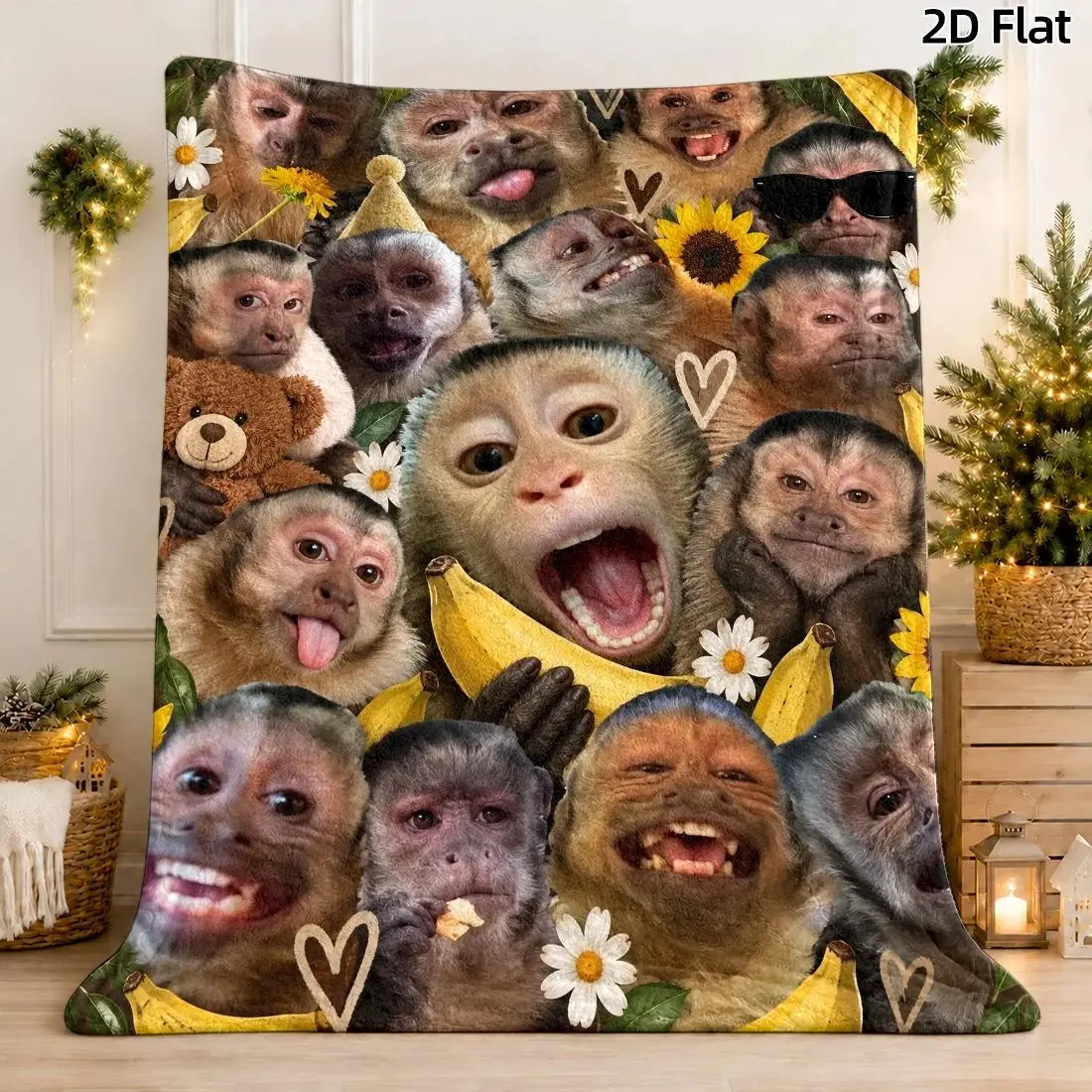 Fuzzy Statement Throw Blanket - Funny Capuchin Collage with Banana, Sunflower & Daisy Prints, Novelty Meme Flannel Blanket for Sofa, Bed, Unique Gift for Enthusiasts, Statement Blanket